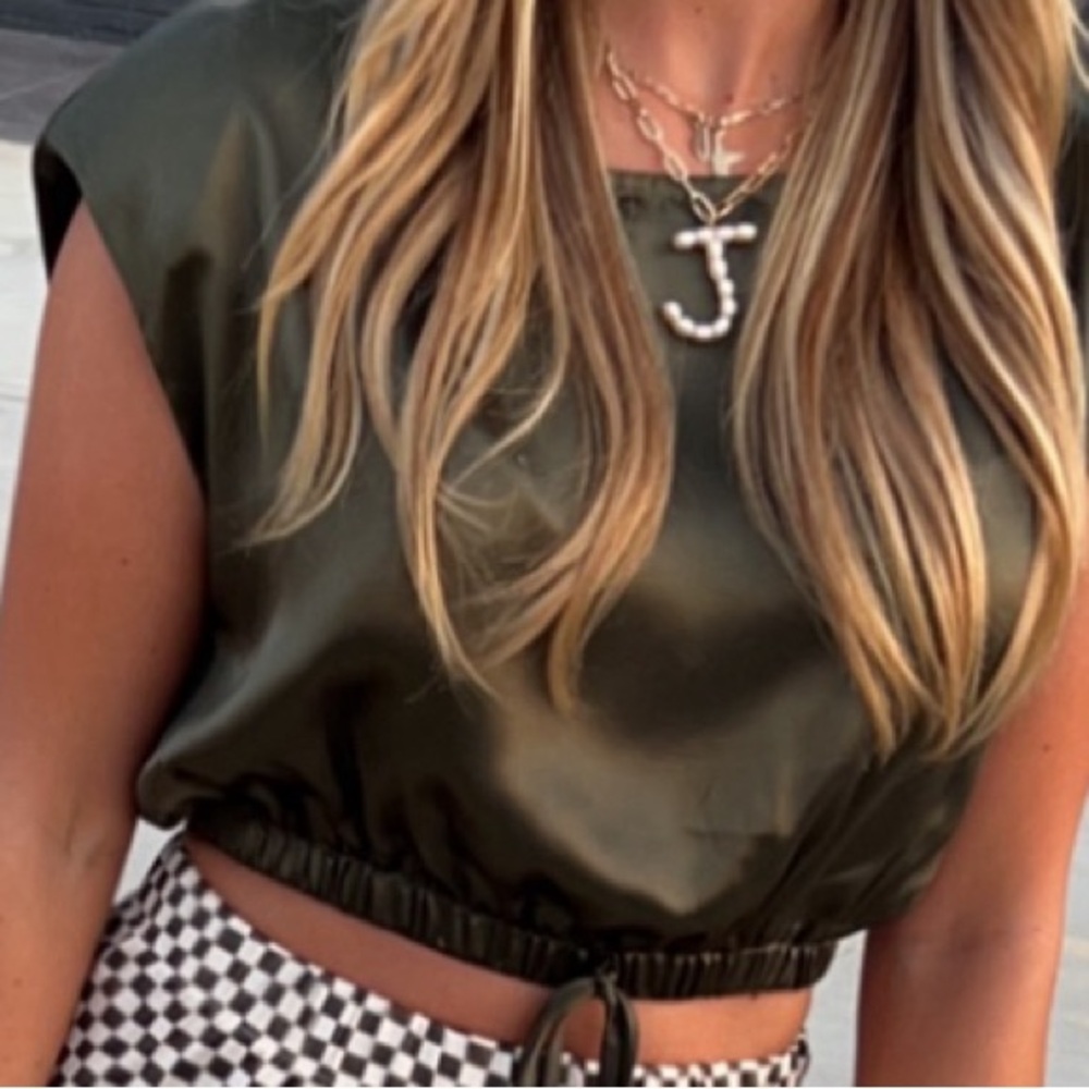 padded sleeves satin top from Lane 201 boutique olive green